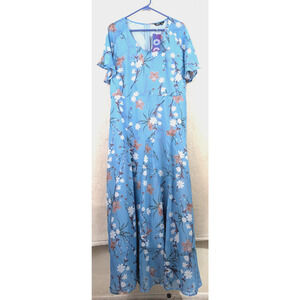 New Hekka sz XXL Maxi Dress light blue floral print ss lined lightweight 1962